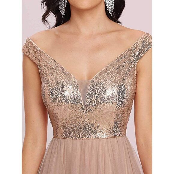 Womens V Neck Sequin Tulle A Line Evening Formal Dress Bridesmaid Rose Gold - Picture 4 of 7